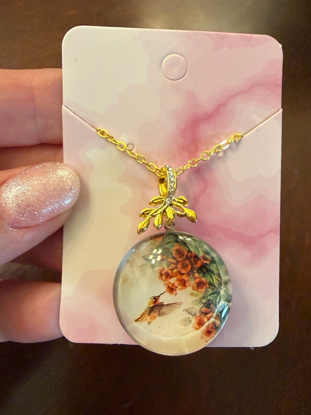 Gold-Tone Floral Hummingbird Pendant Necklace - Pink & Green